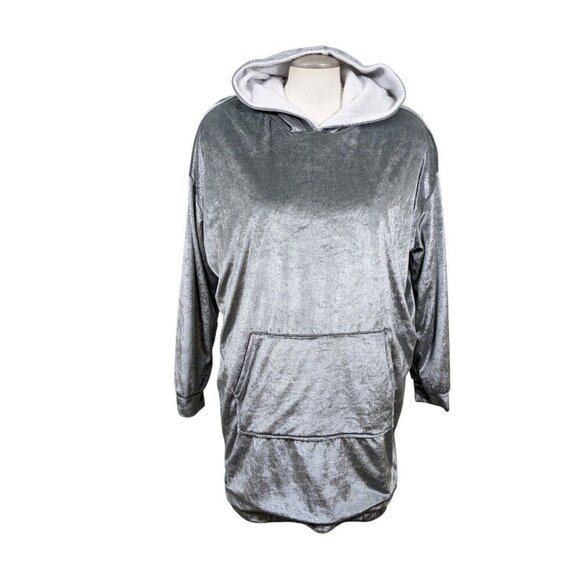 Velour Plush Hoodie Plus Size 2X Shiny Silver Kangaroo Pocket Faux Sherpa Lined - Picture 2 of 11